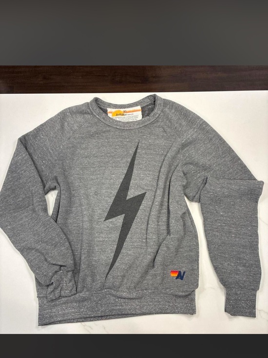 Aviator Nation Tops - Aviator Nation Gray Crewneck with Dark Lightning Bolt and Rainbow N Patch